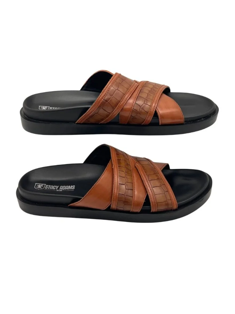 Stacy Adams Faux Crocodile Crossband Slides Sandals Mens Size 9M Brown Black NEW